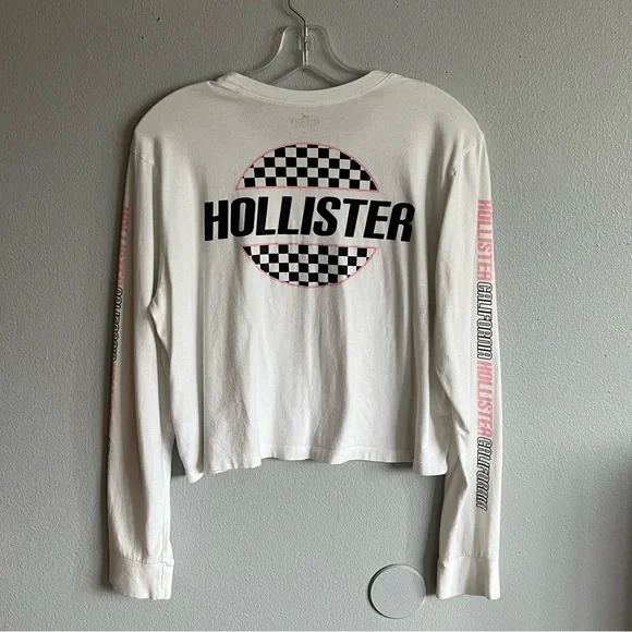 Hollister Women’s Small White Long Sleeve T Shirt With Black Checkered Patterns - Picture 3 of 4